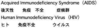 Acquired Immunodeficiency Syndrome (AIDS)　後天性　　免疫不全　　　症候群　Human Immunodeficiency Virus (HIV)　ヒト　　免疫不全　　　　ウイルス