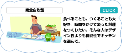 自炊：完全自炊型／食べることが好き、作ることが好き。最近、厨房に興味を持つ男性が増えてきた。キッチンはデザイン性より機能性。